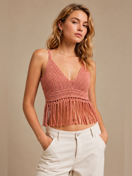 POL Tops - POL Crochet Fringe Crop Top Bralette – Boho Festival Tank, Dusty Rose Pink, Sz L